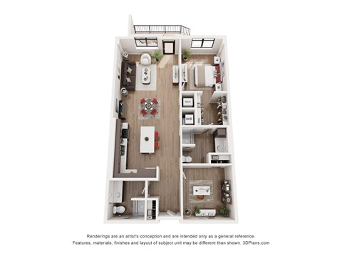 Floor plan for 1 bed, 2 baths, 1249 sqft